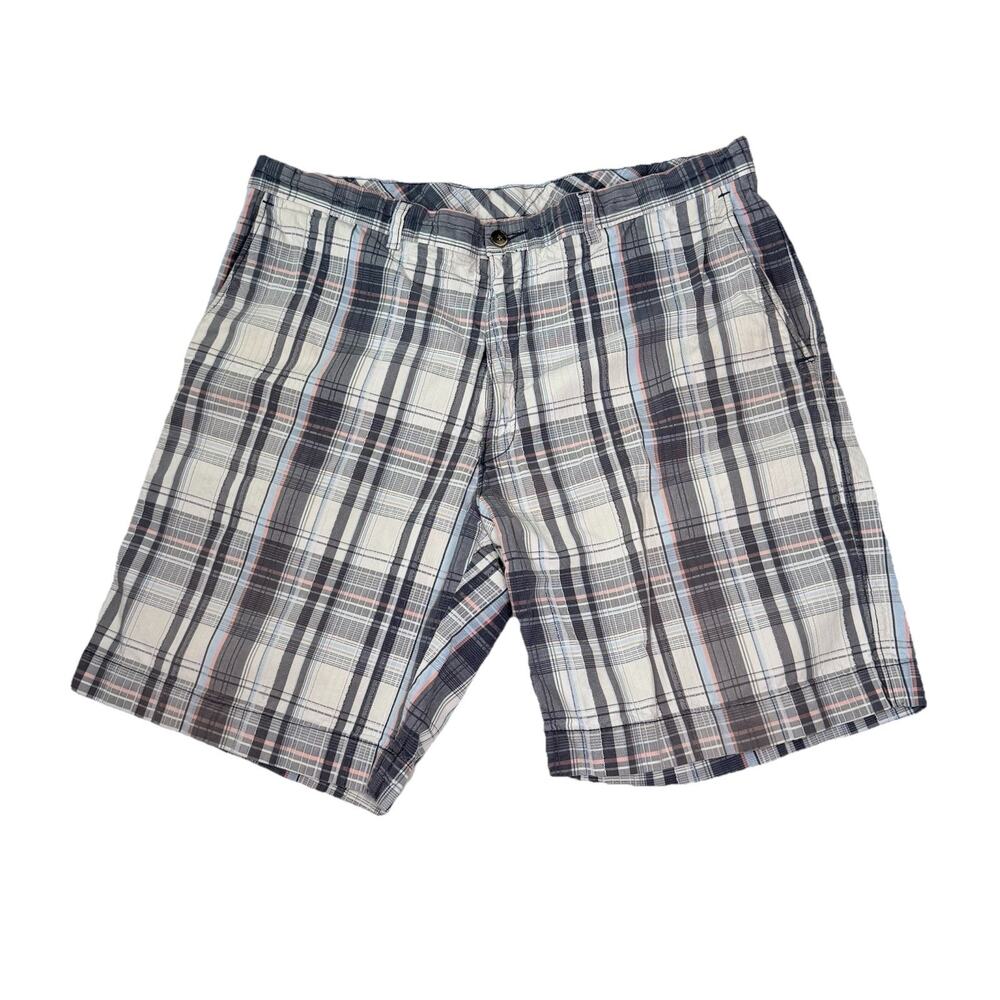 Caribbean Men's Plaid‎ Bermuda Shorts Sz 38 Gray White Blue Preppy Classic EUC